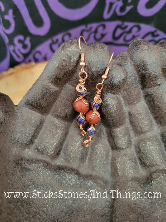 Lapis Lazuli and Red Jasper Wire-Wrapped Earrings