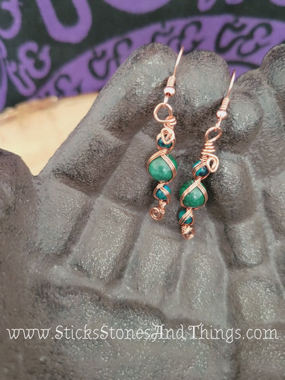Malachite and Chrysocolla Wire-Wrapped Earrings