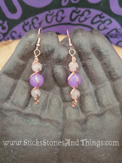 Lavender Jade with Rose Quartz Wire-Wrapped Earrings