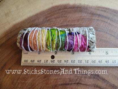 White Sage with Rose Petals in Chakra Colors Smudge Stick 4 inches