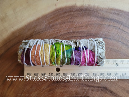 White Sage with Rose Petals in Chakra Colors Smudge Stick 4 inches