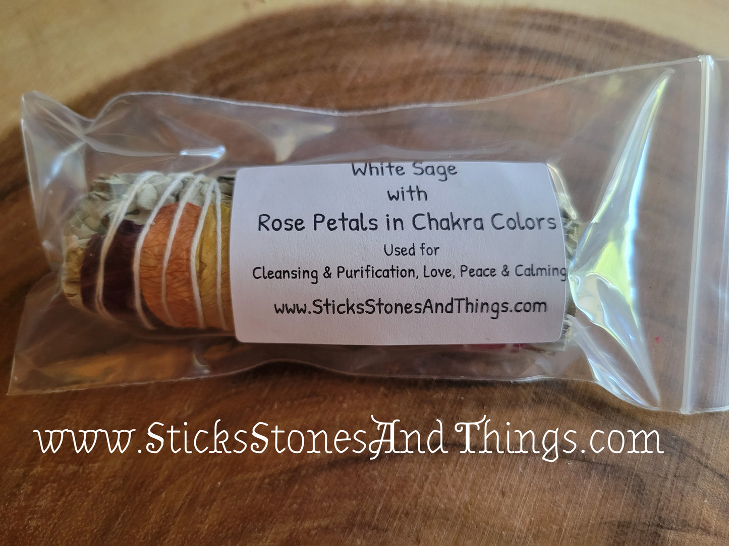 White Sage with Rose Petals in Chakra Colors Smudge Stick 4 inches