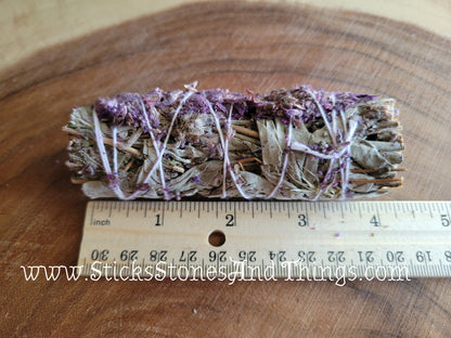 White Sage with Purple Lavender Flowers Smudge Stick 4.5-5 inches