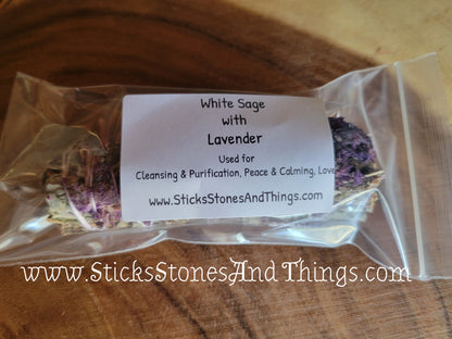 White Sage with Purple Lavender Flowers Smudge Stick 4.5-5 inches