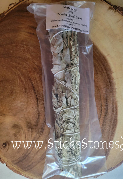 White Sage with Shasta (Blue) Sage Smudge Stick 9-10 inches
