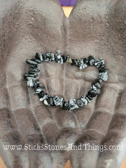 Snowflake Obsidian Chip Bead Bracelets 7 inches