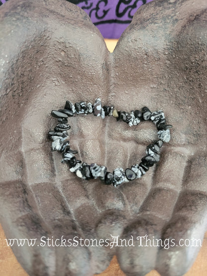 Snowflake Obsidian Chip Bead Bracelets 7 inches