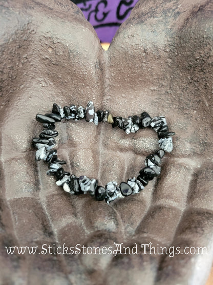 Snowflake Obsidian Chip Bead Bracelets 7 inches