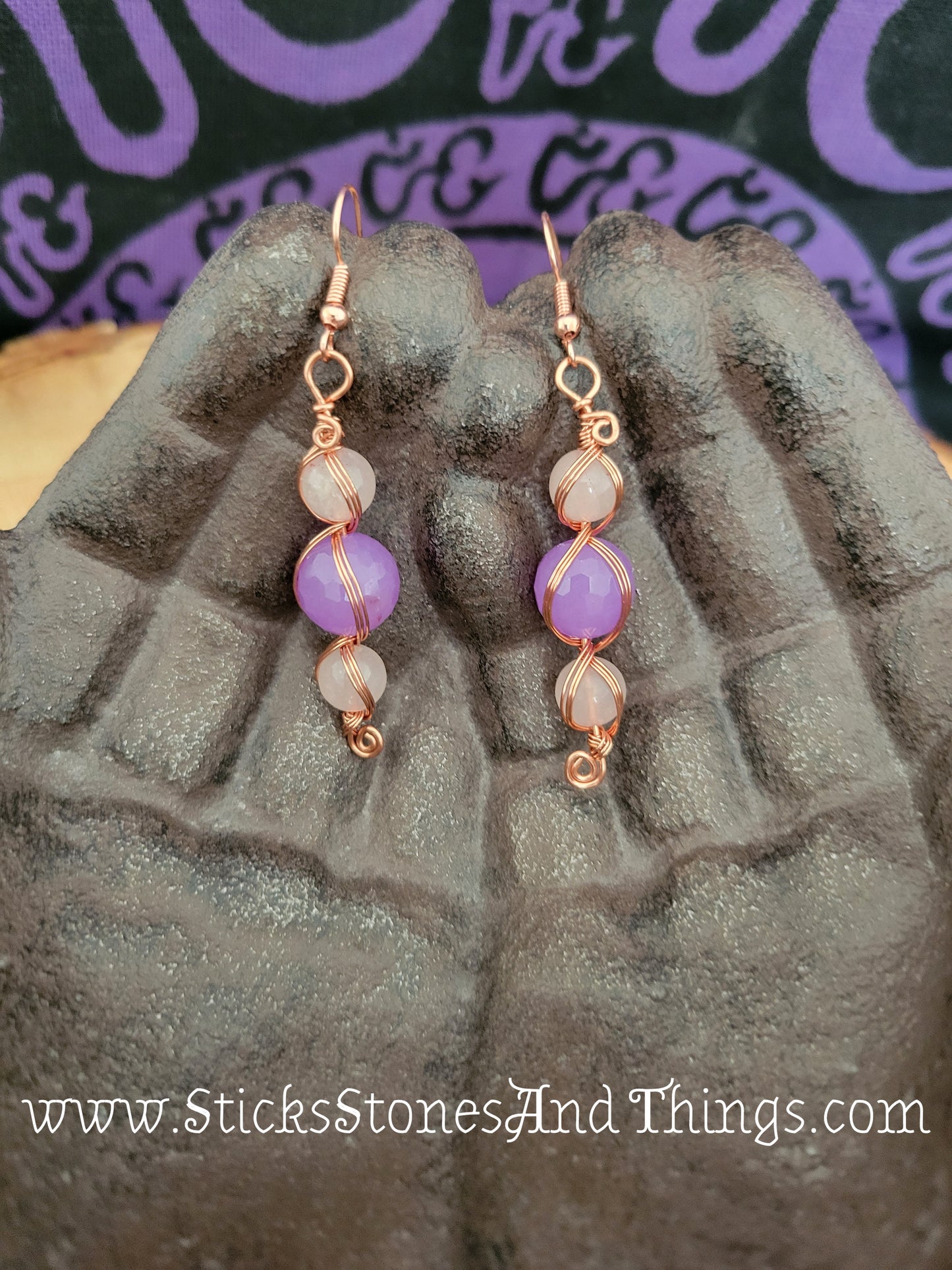 Lavender Jade with Rose Quartz Wire-Wrapped Earrings