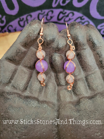 Lavender Jade with Rose Quartz Wire-Wrapped Earrings