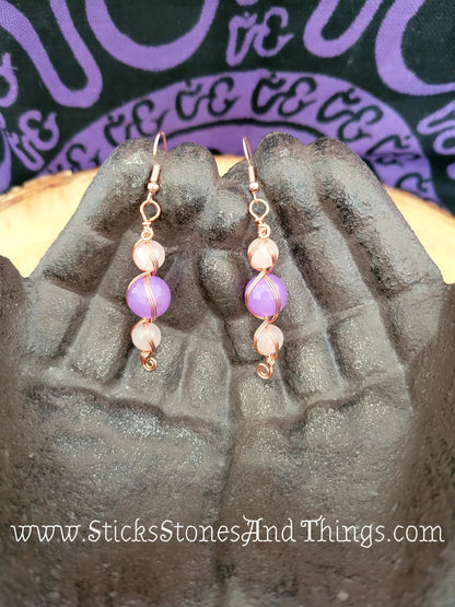Lavender Jade with Rose Quartz Wire-Wrapped Earrings