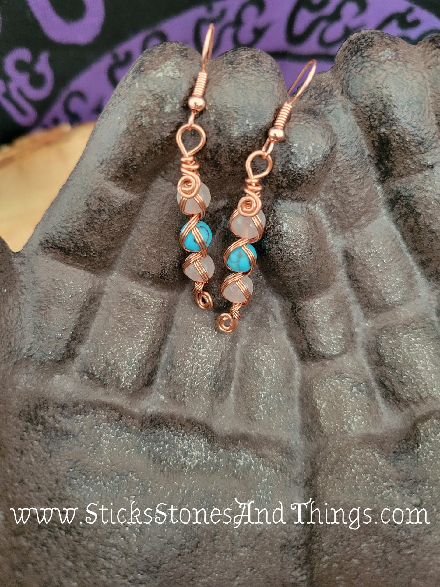 Rose Quartz and Turquoise Wire-Wrapped Earrings