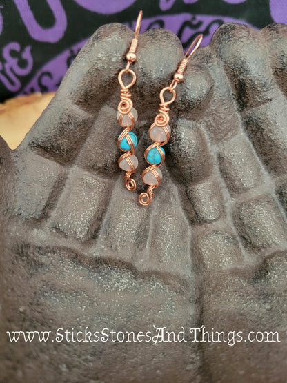 Rose Quartz and Turquoise Wire-Wrapped Earrings