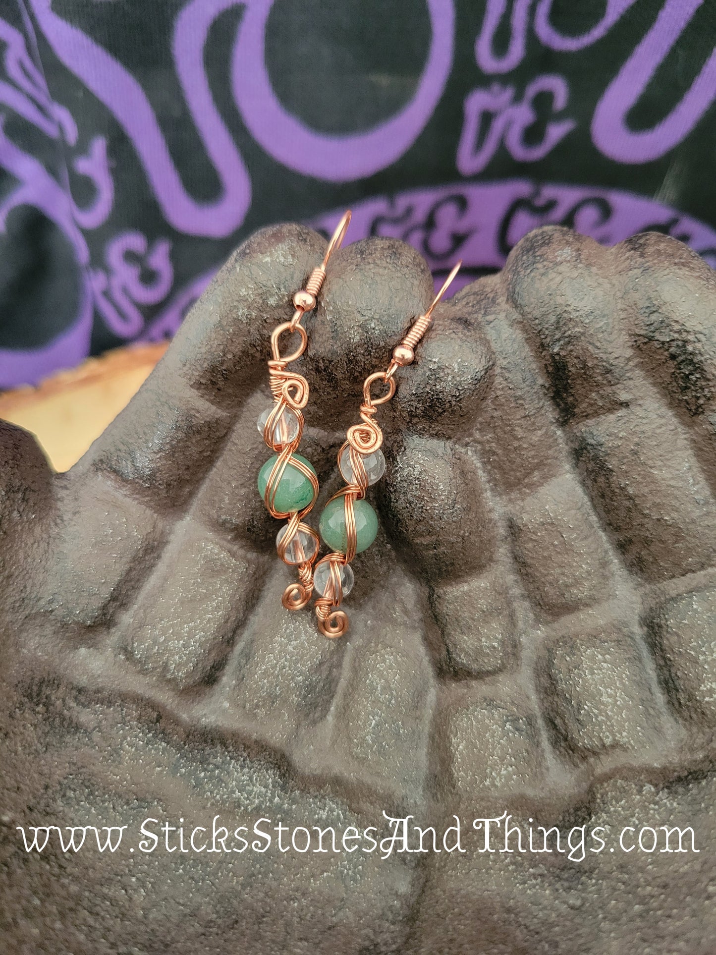 Green Aventurine and Clear Quartz Wire-Wrapped Earrings