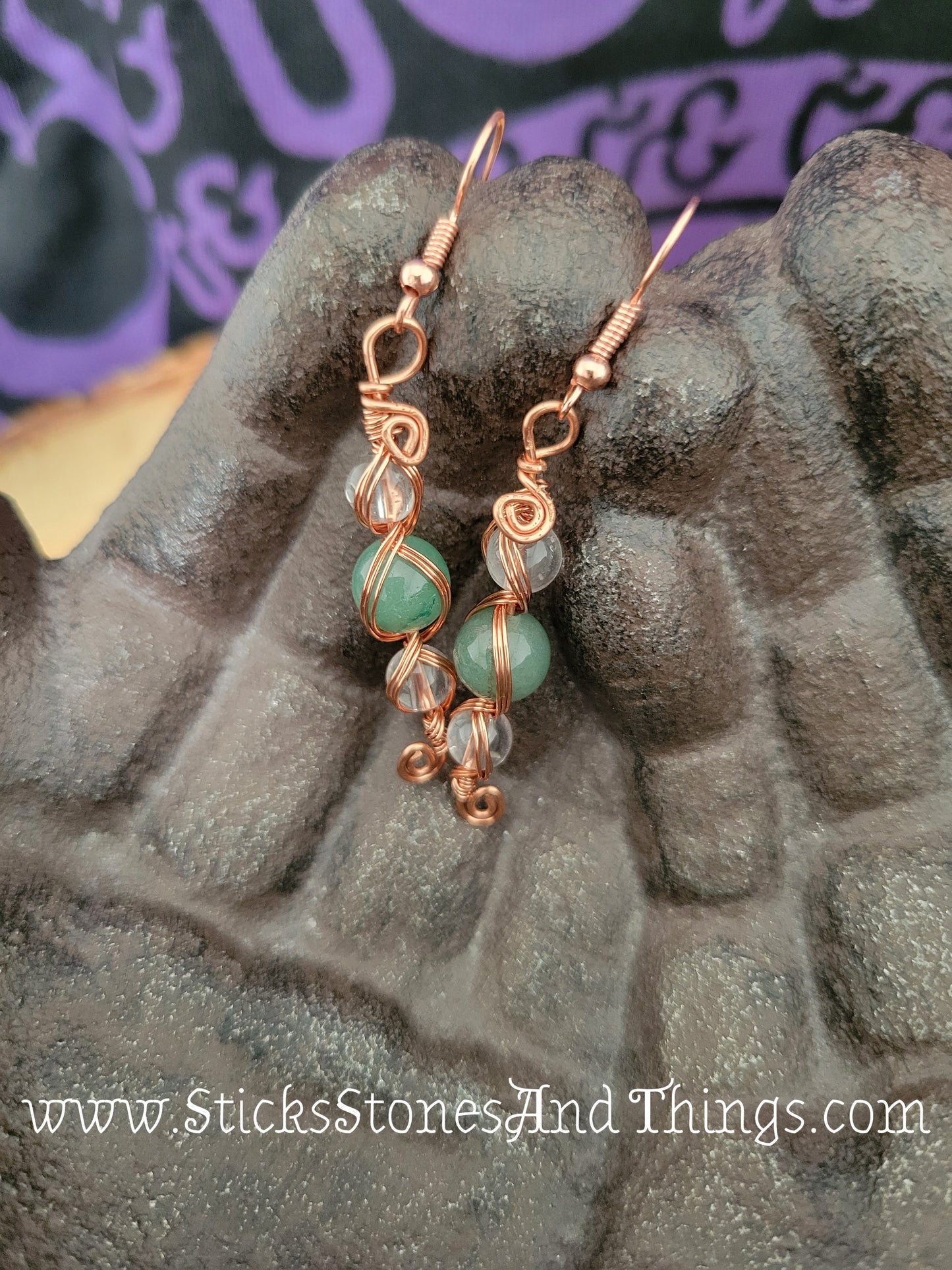 Green Aventurine and Clear Quartz Wire-Wrapped Earrings