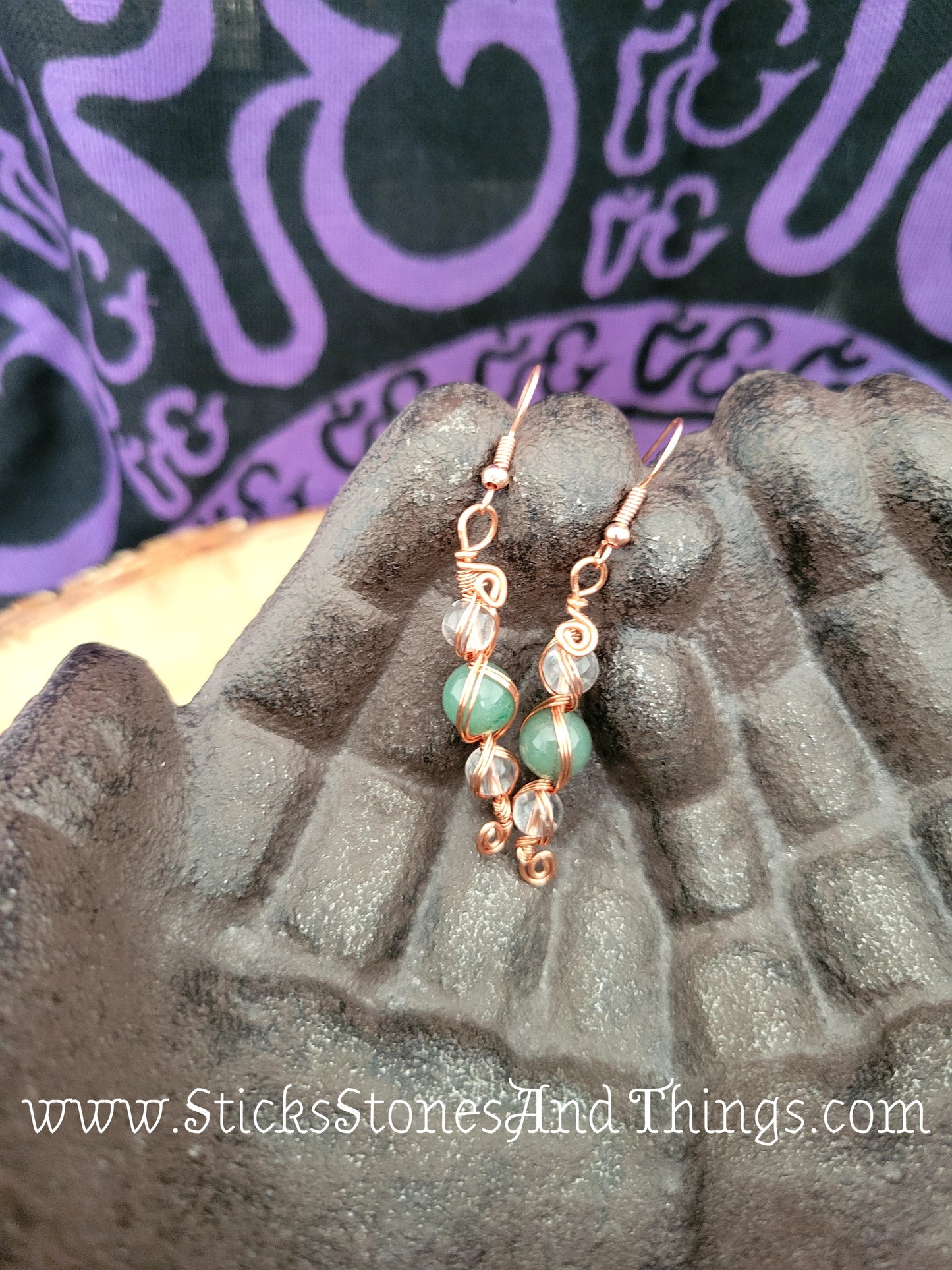 Green Aventurine and Clear Quartz Wire-Wrapped Earrings