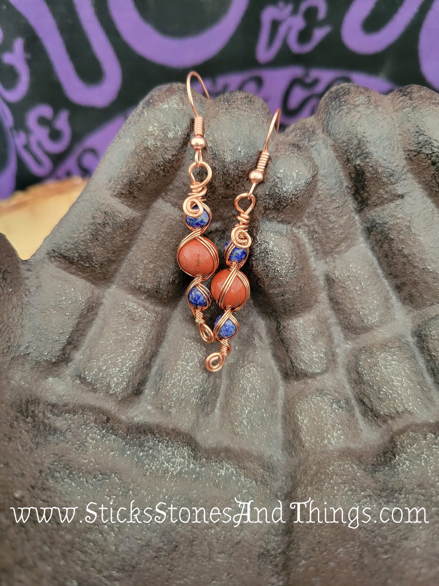 Lapis Lazuli and Red Jasper Wire-Wrapped Earrings