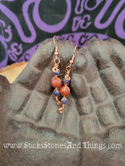 Lapis Lazuli and Red Jasper Wire-Wrapped Earrings