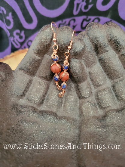 Lapis Lazuli and Red Jasper Wire-Wrapped Earrings