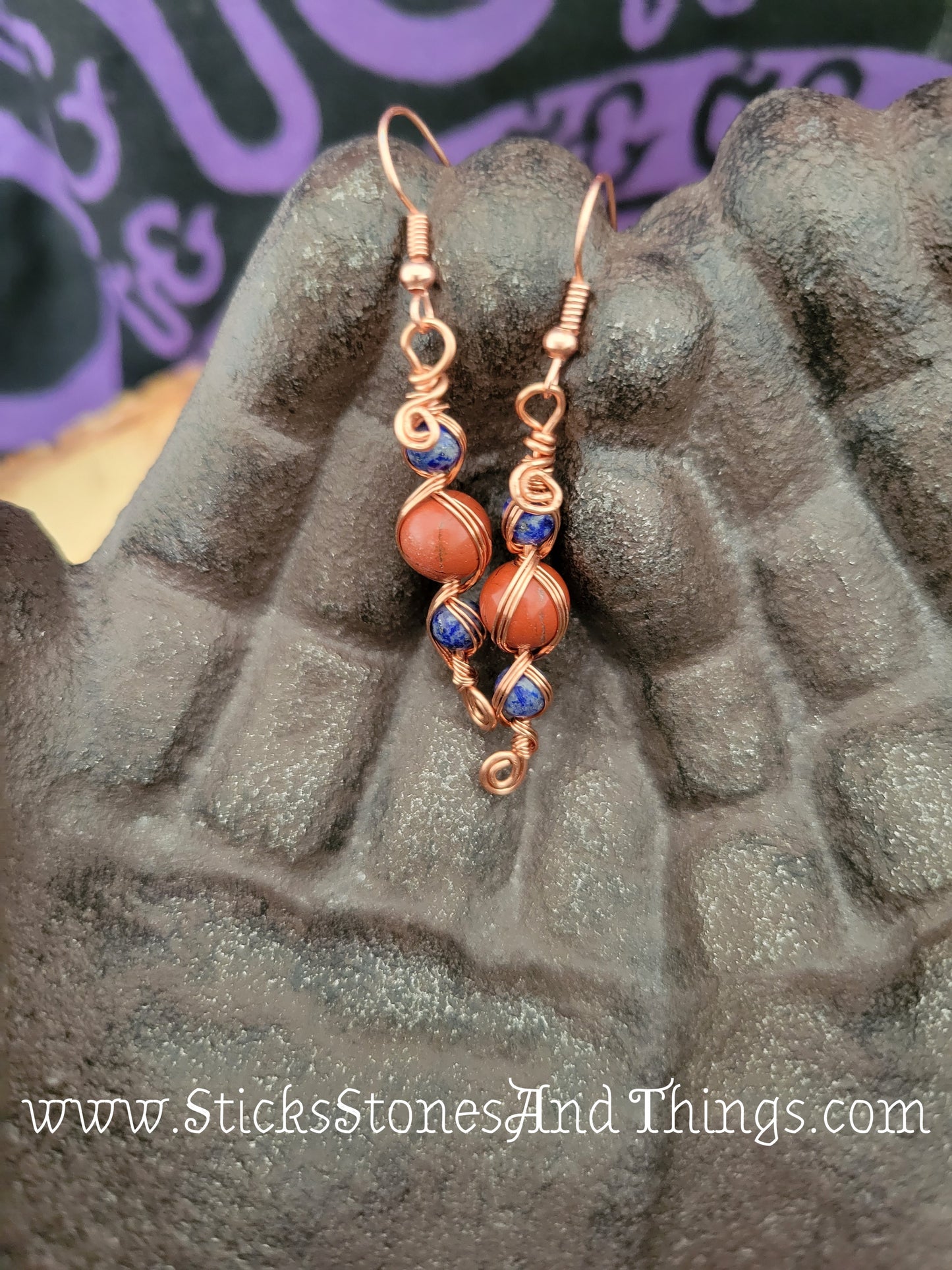 Lapis Lazuli and Red Jasper Wire-Wrapped Earrings