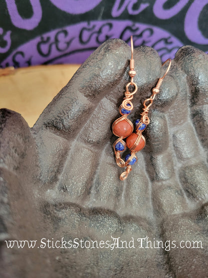 Lapis Lazuli and Red Jasper Wire-Wrapped Earrings