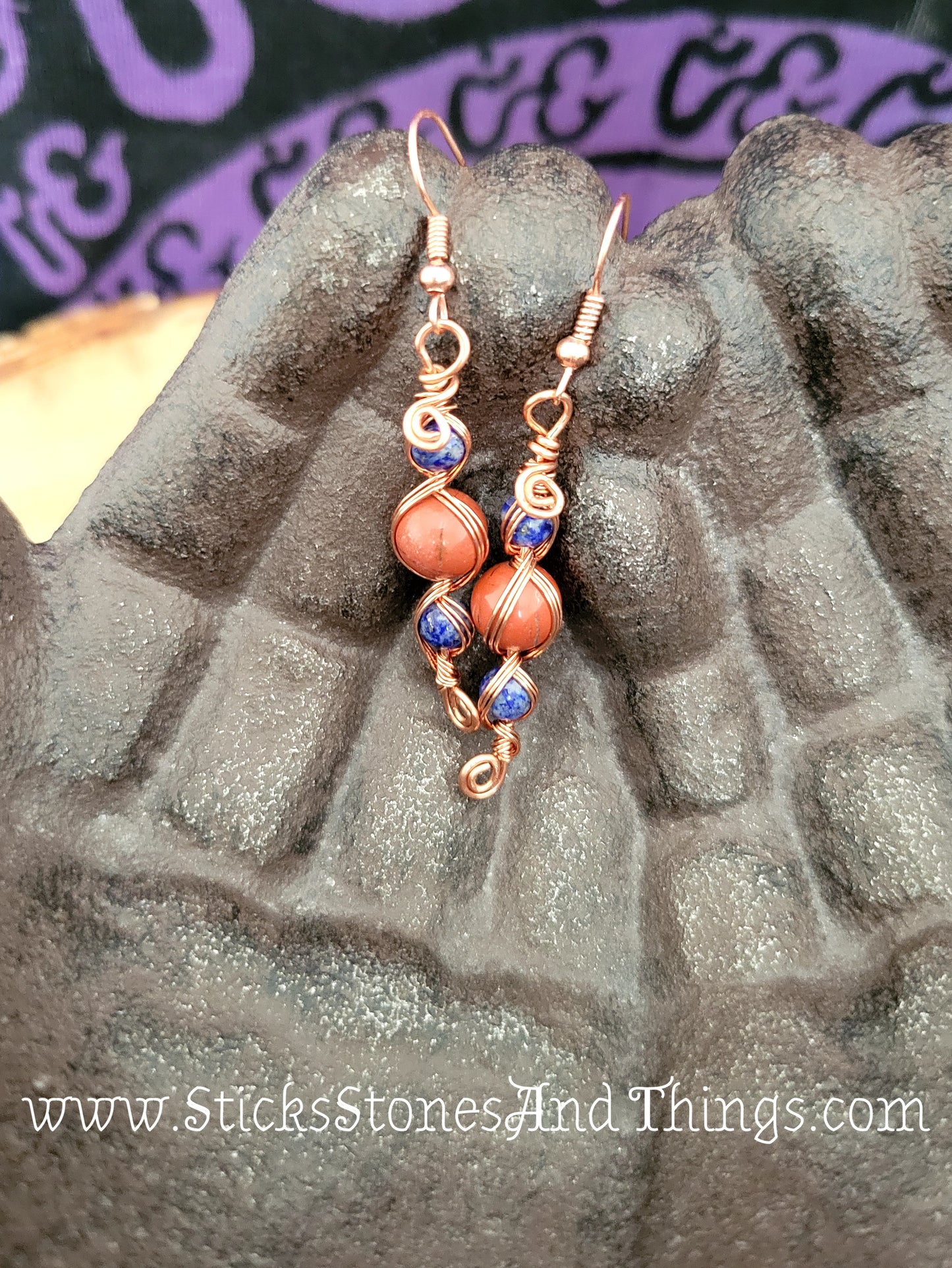 Lapis Lazuli and Red Jasper Wire-Wrapped Earrings