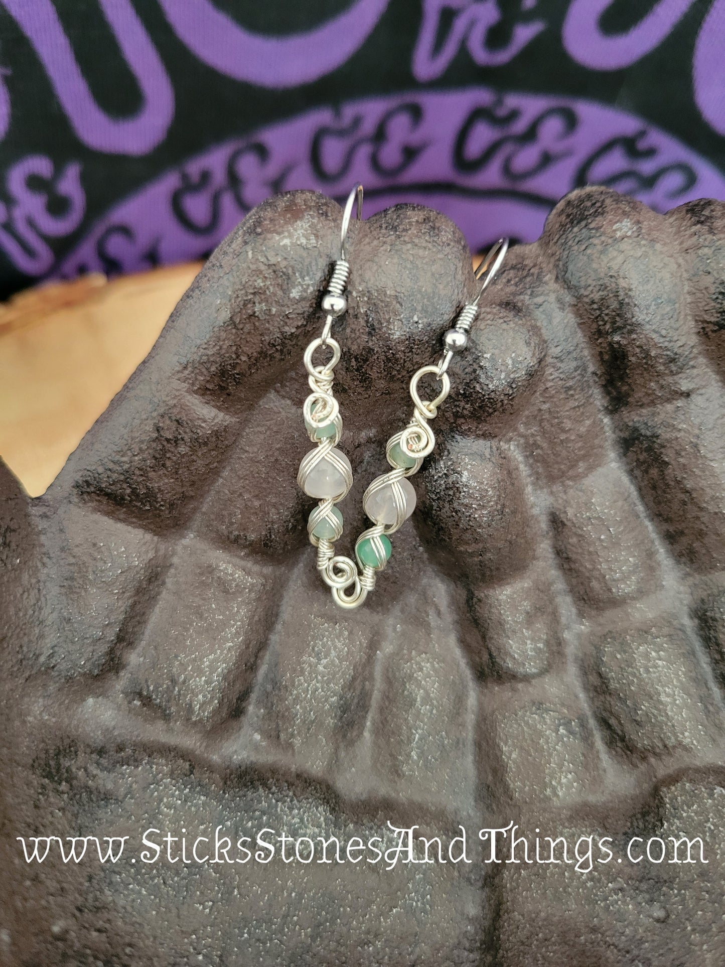 Green Aventurine and Rose Quartz Wire-Wrapped Earrings