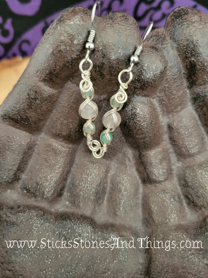 Green Aventurine and Rose Quartz Wire-Wrapped Earrings