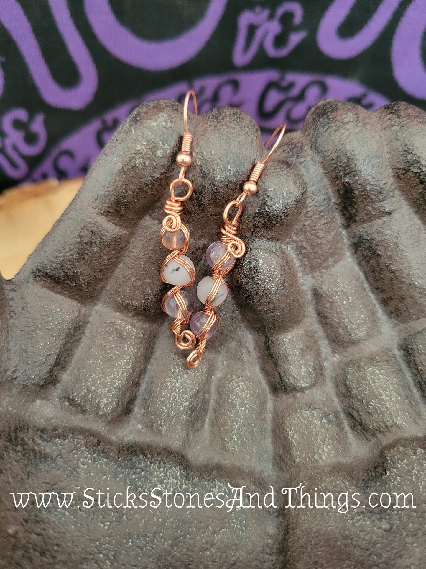 Amethyst and Tourmalated Lavender Quartz Wire-Wrapped Earrings