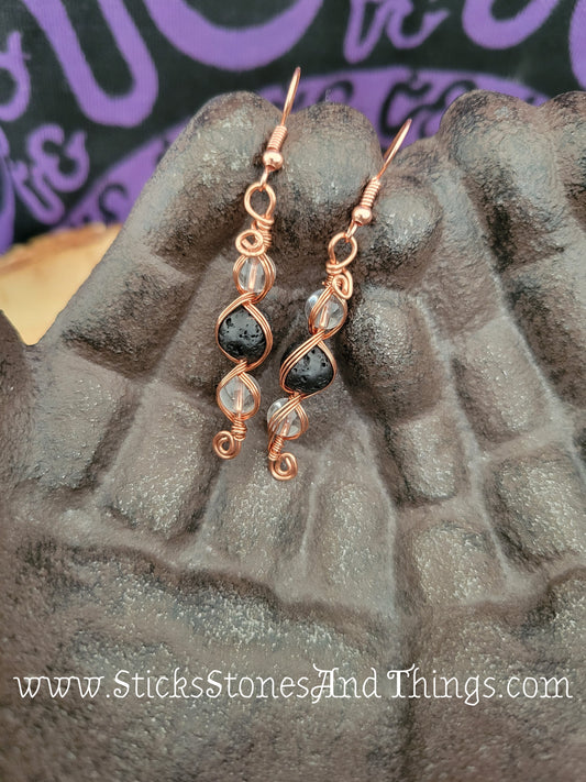 Lava Rock with Clear Quartz Wire-Wrapped Earrings