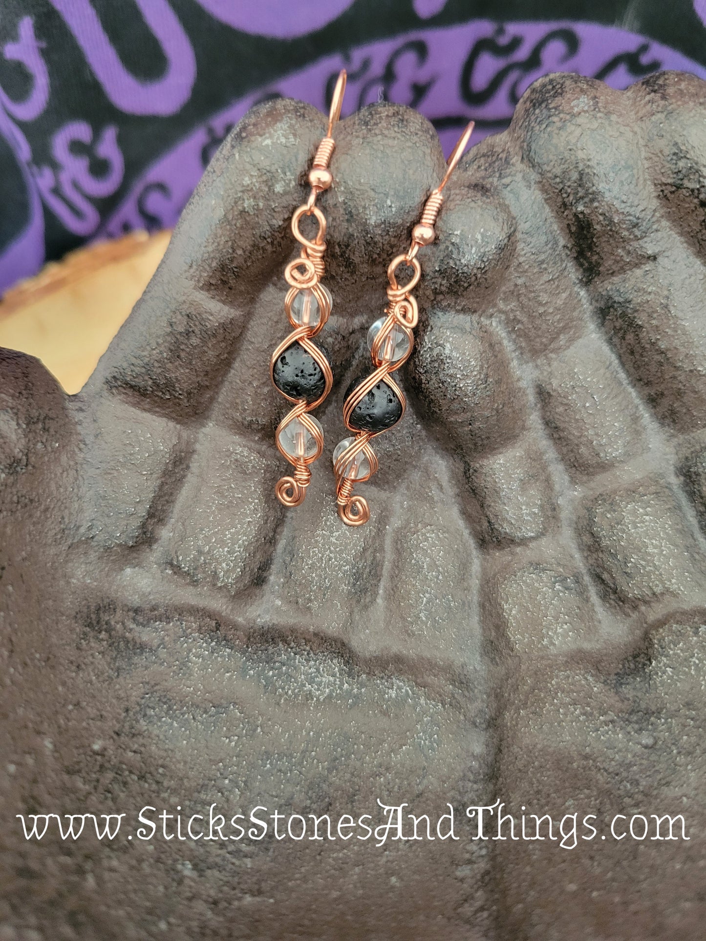 Lava Rock with Clear Quartz Wire-Wrapped Earrings