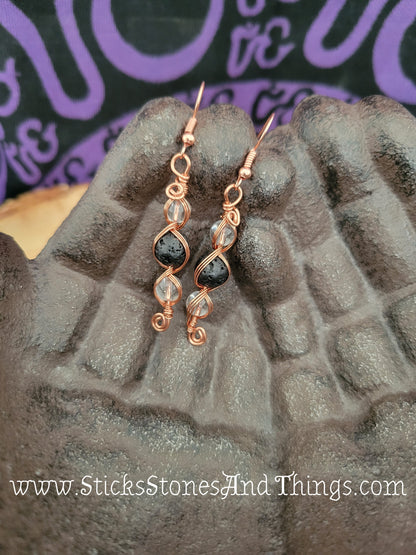 Lava Rock with Clear Quartz Wire-Wrapped Earrings