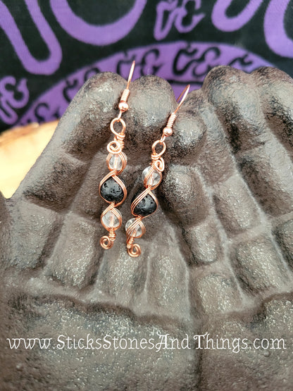 Lava Rock with Clear Quartz Wire-Wrapped Earrings