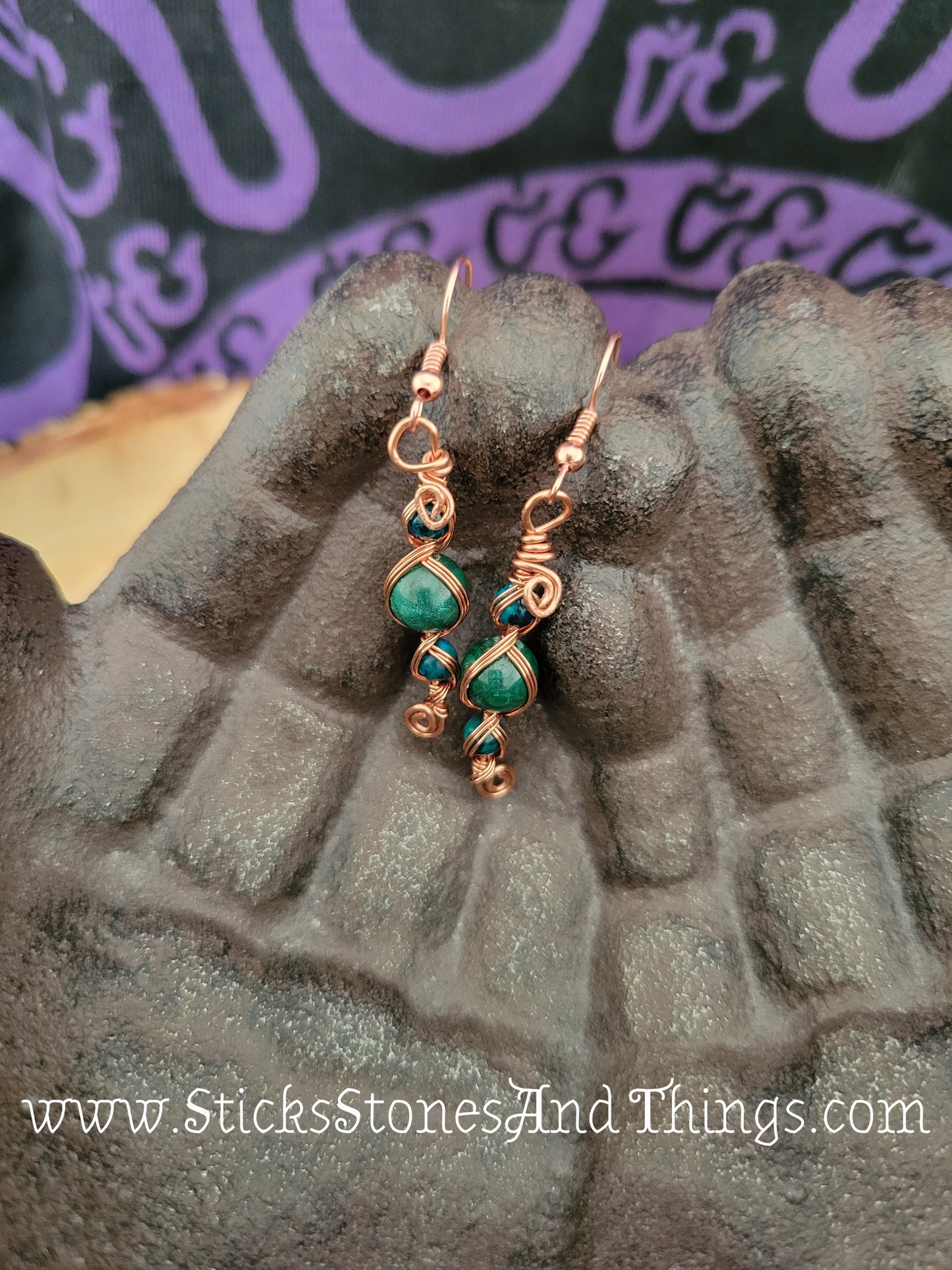 Malachite and Chrysocolla Wire-Wrapped Earrings