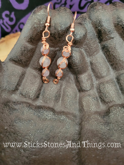 Rose Quartz and Amethyst Wire-Wrapped Earrings