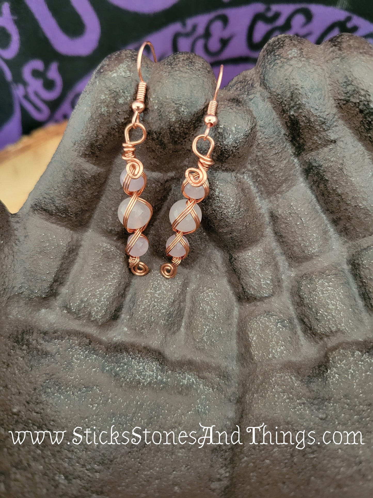 Rose Quartz and Amethyst Wire-Wrapped Earrings