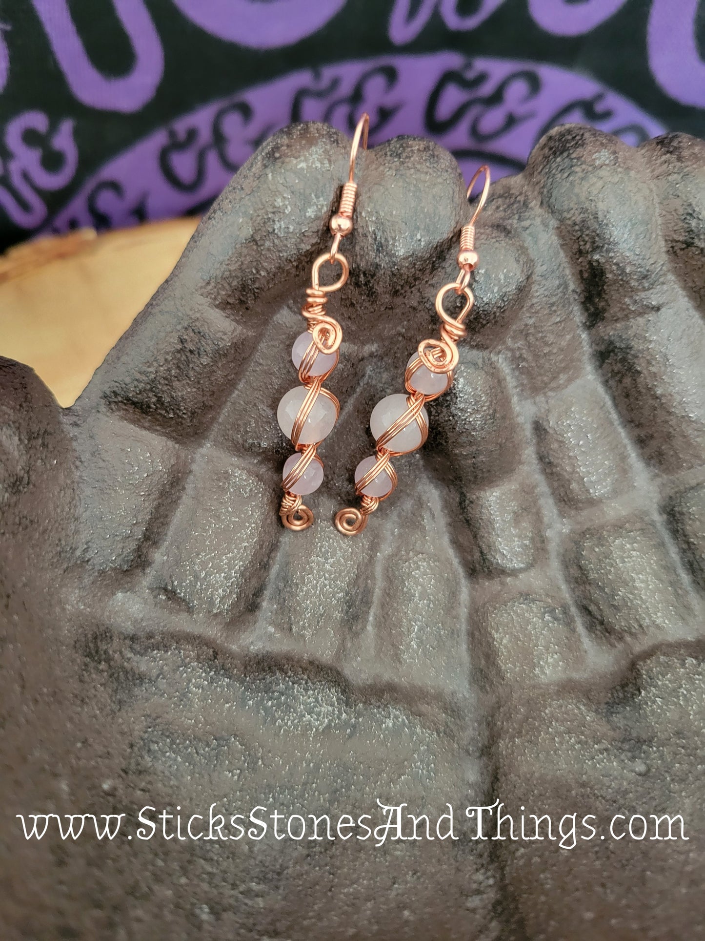 Rose Quartz and Amethyst Wire-Wrapped Earrings