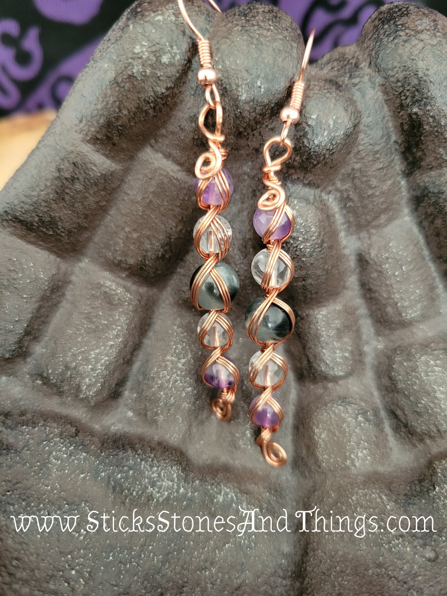 Moss Agate with Amethyst and Clear Quartz Wire-Wrapped Earrings