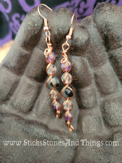 Moss Agate with Amethyst and Clear Quartz Wire-Wrapped Earrings