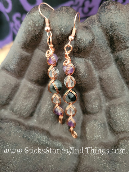 Moss Agate with Amethyst and Clear Quartz Wire-Wrapped Earrings