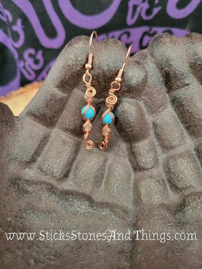 Rose Quartz and Turquoise Wire-Wrapped Earrings