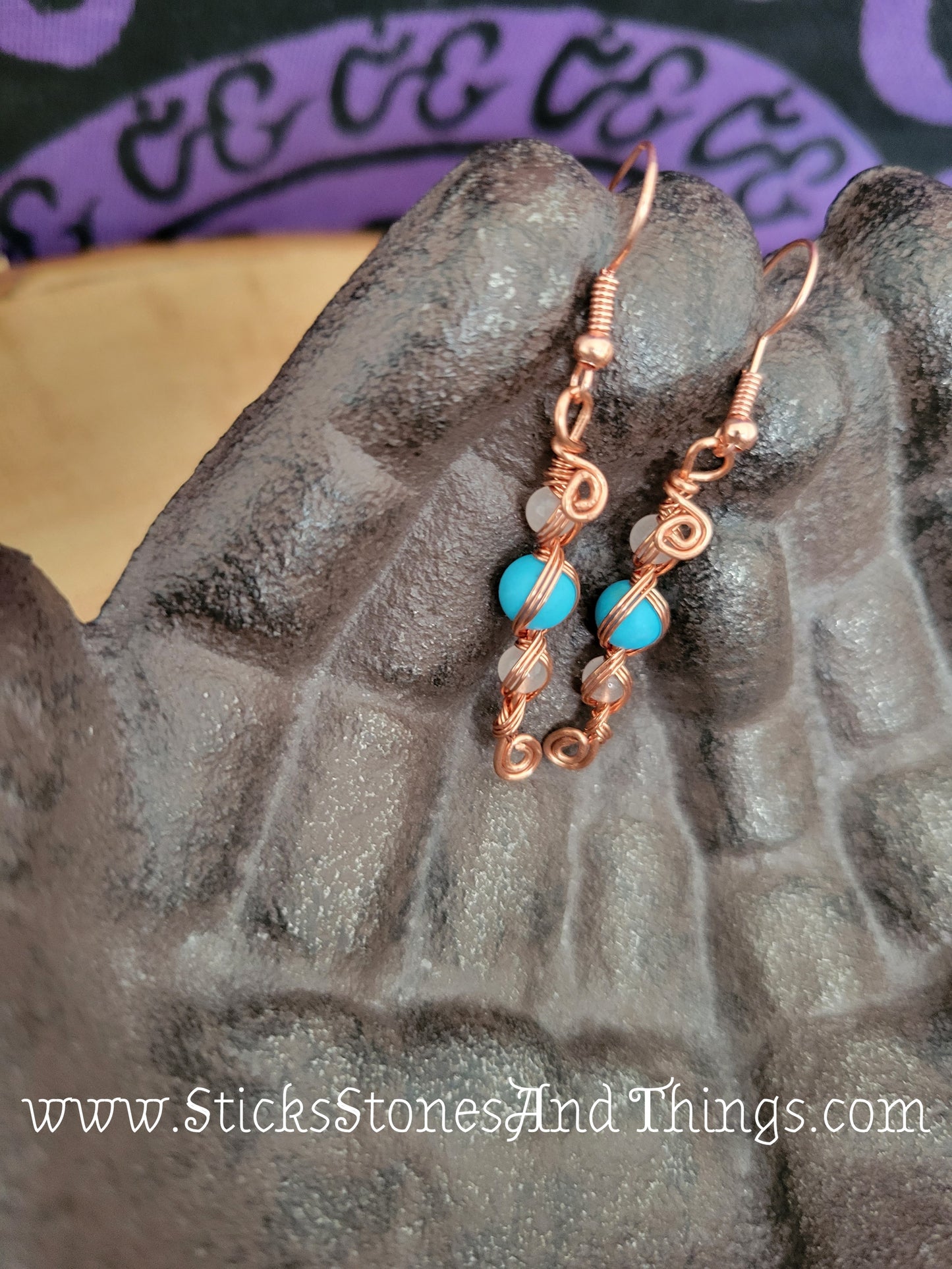 Rose Quartz and Turquoise Wire-Wrapped Earrings