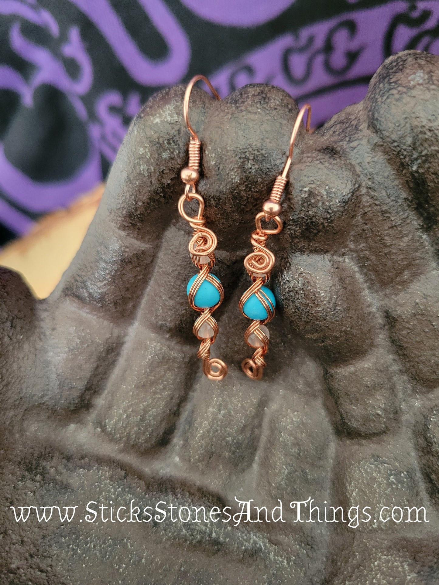 Rose Quartz and Turquoise Wire-Wrapped Earrings