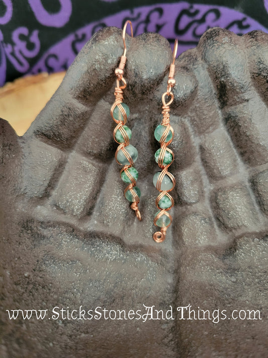 Moss Agate, Rainbow Fluorite, and Tree Agate Wire-Wrapped Earrings