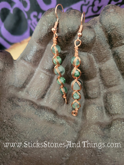 Moss Agate, Rainbow Fluorite, and Tree Agate Wire-Wrapped Earrings