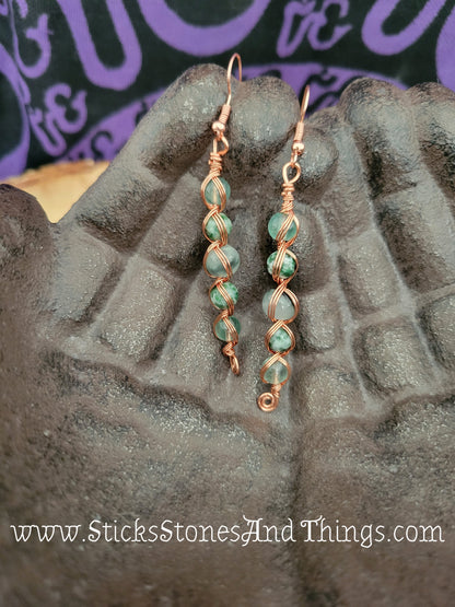 Moss Agate, Rainbow Fluorite, and Tree Agate Wire-Wrapped Earrings