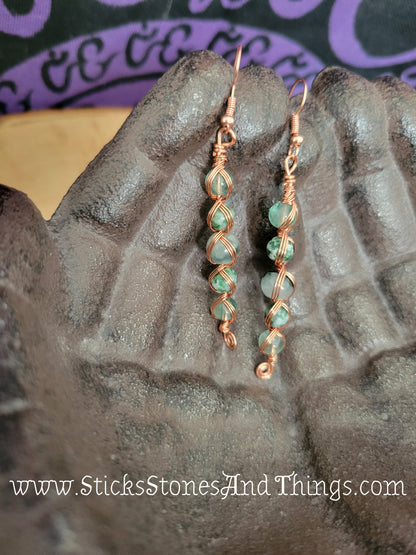 Moss Agate, Rainbow Fluorite, and Tree Agate Wire-Wrapped Earrings