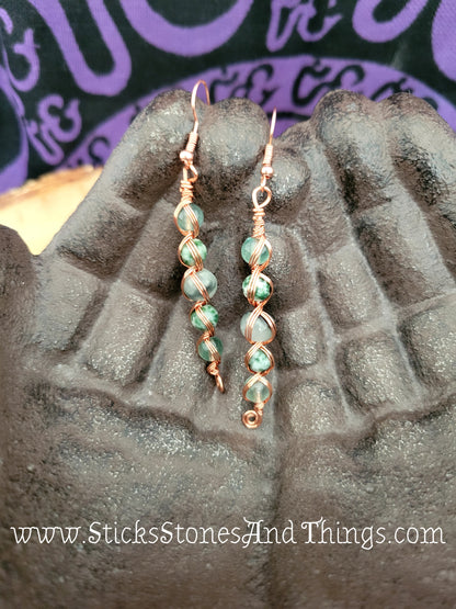 Moss Agate, Rainbow Fluorite, and Tree Agate Wire-Wrapped Earrings