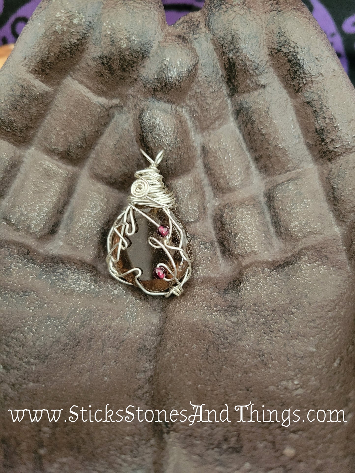 Smoky Quartz with Garnet Wire-Wrapped Pendant