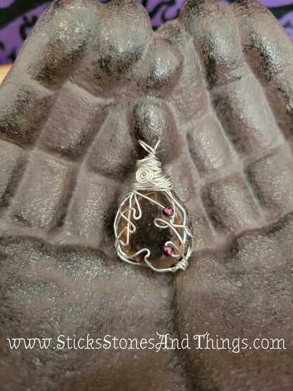 Smoky Quartz with Garnet Wire-Wrapped Pendant